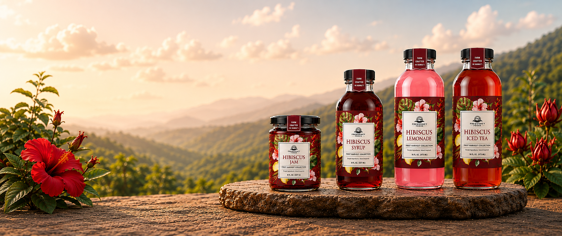 Three bottles of Hibiscus tea and syrup products displayed on a rustic wooden slice outdoors, with a scenic mountain landscape and warm sunset sky in the background.