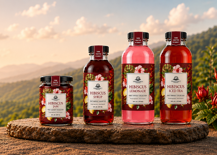 Three bottles of Hibiscus tea and syrup products displayed on a rustic wooden slice outdoors, with a scenic mountain landscape and warm sunset sky in the background.