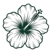 A stylized hibiscus flower illustration in dark green outline and linework on a white background.