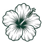 A stylized hibiscus flower illustration in dark green outline and linework on a white background.