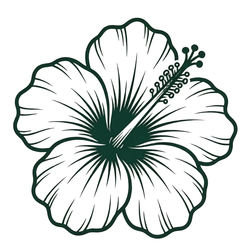 A stylized hibiscus flower illustration in dark green outline and linework on a white background.