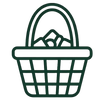 A dark green line icon of a basket containing bread or pastries, centered on a plain white background.