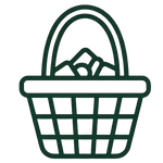 A dark green line icon of a basket containing bread or pastries, centered on a plain white background.