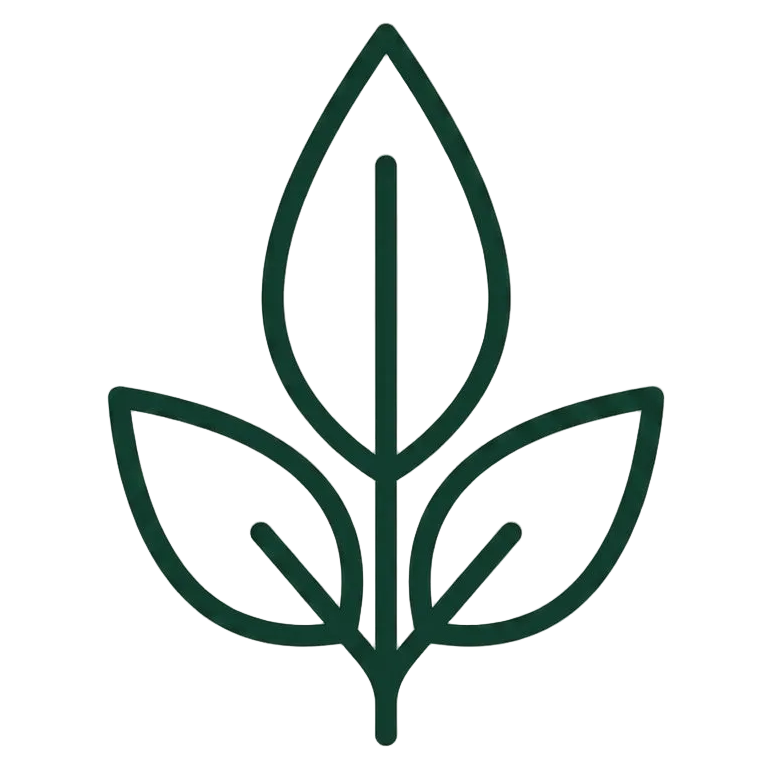 A dark green minimalist line icon depicting three leaves on a stem, centered on a solid white background.